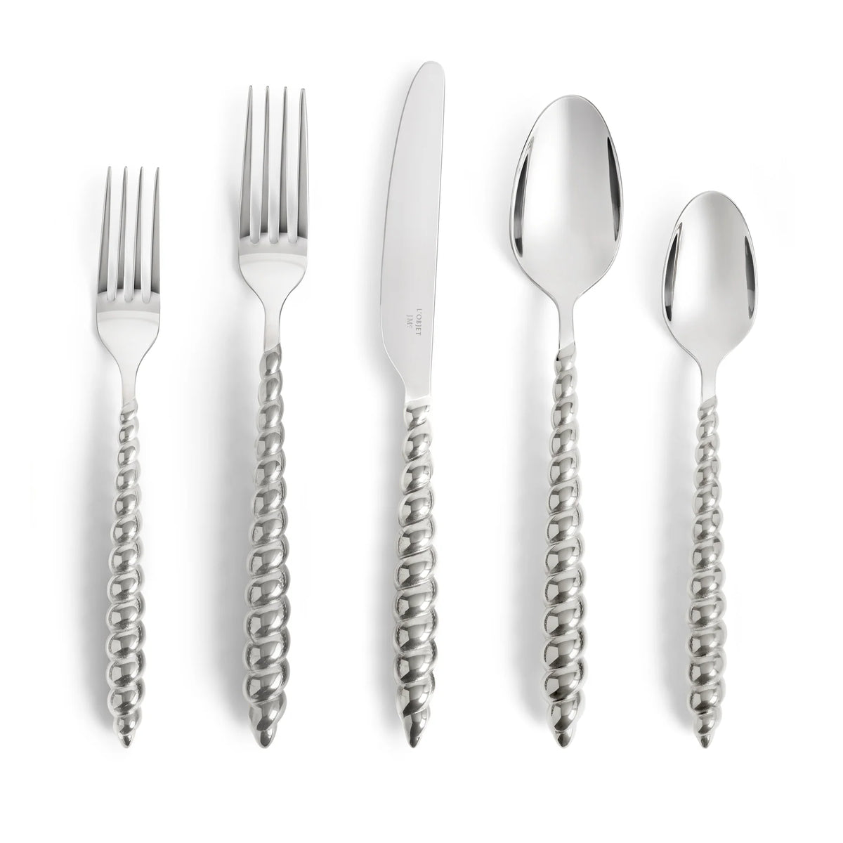 Jessica McCormack Shell Flatware 5 pc Set - Stainless Steel featuring handles with a twisted, spiral-beaded design.