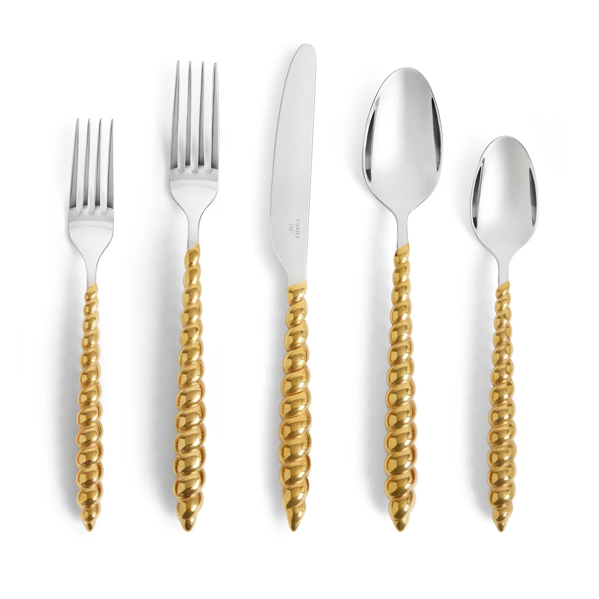 Jessica McCormack Shell Flatware 5 pc Set - Gold: a five-piece luxury tableware set in stainless steel with gold-toned, twisted spiral handles.
