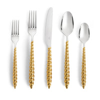 Jessica McCormack Shell Flatware 5 pc Set - Gold: a five-piece luxury tableware set in stainless steel with gold-toned, twisted spiral handles.
