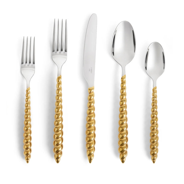 Jessica McCormack Shell Flatware 5 pc Set - Gold: a five-piece luxury tableware set in stainless steel with gold-toned, twisted spiral handles.