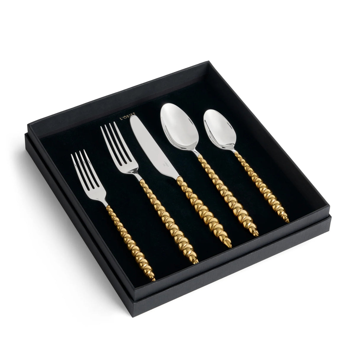 Jessica McCormack Shell Flatware 5 pc Set - Gold featuring polished silver bowls and tines with textured gold handles, presented in a black box.