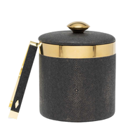 Dark mushroom Langston Ice Bucket & Tongs featuring a dark gray faux shagreen body with a gold rim, lid, and matching gold and dark gray bar accessory tongs.