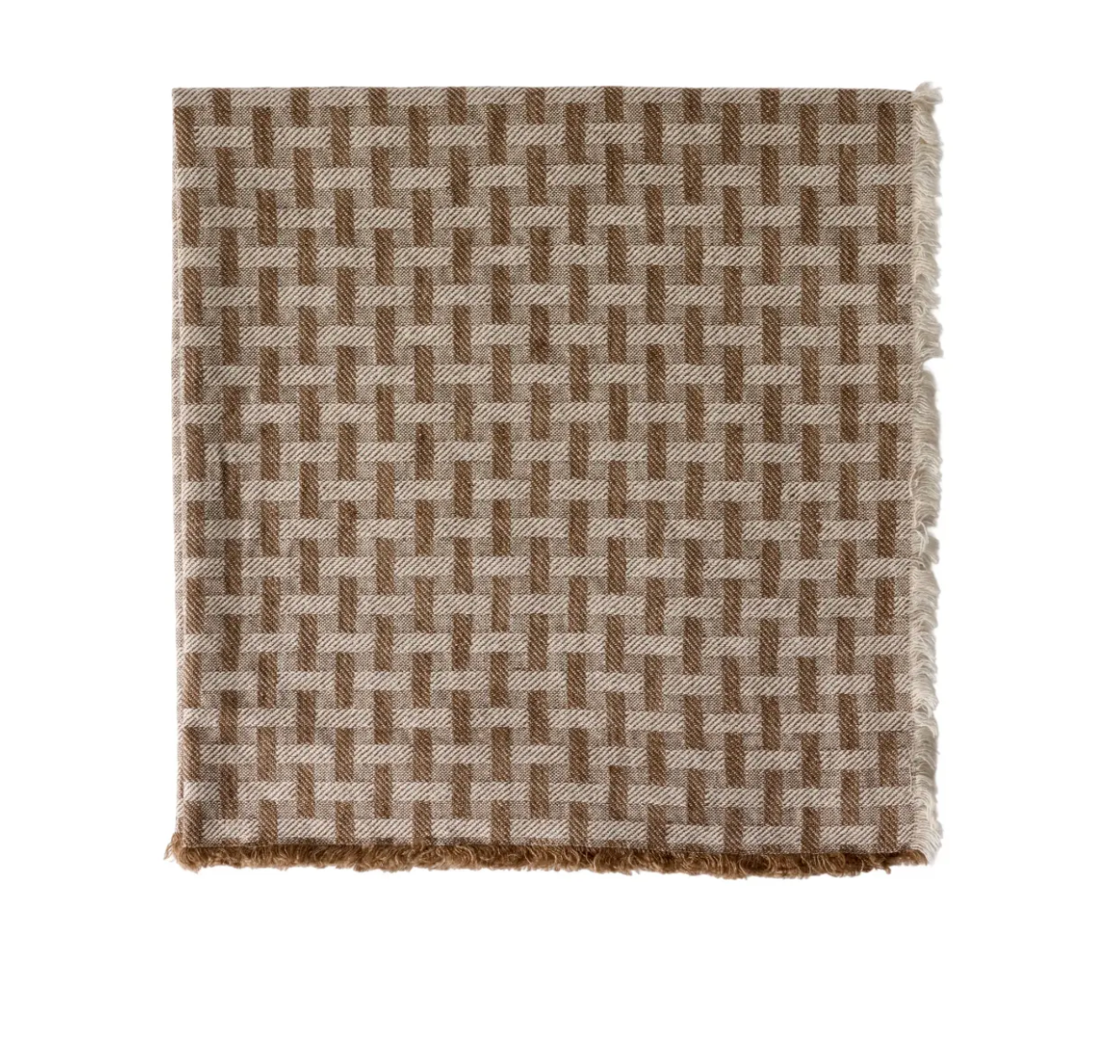A folded fabric napkin with a beige and brown geometric grid pattern and fringed edges, resembling the Lattice Fringe Napkin Set of 4 by Deborah Rhodes.
