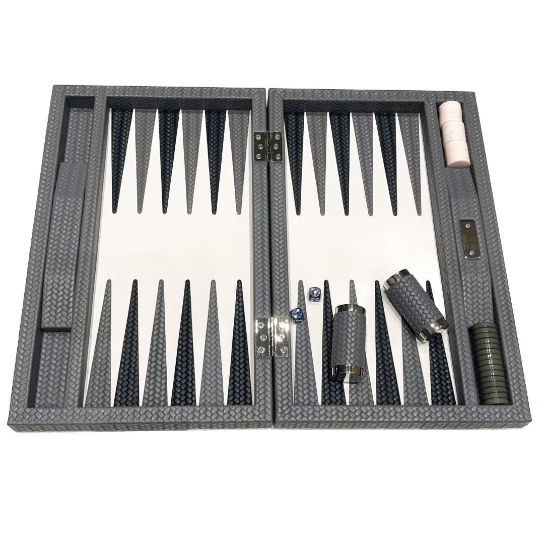 Grey Leather Woven Herringbone Backgammon
