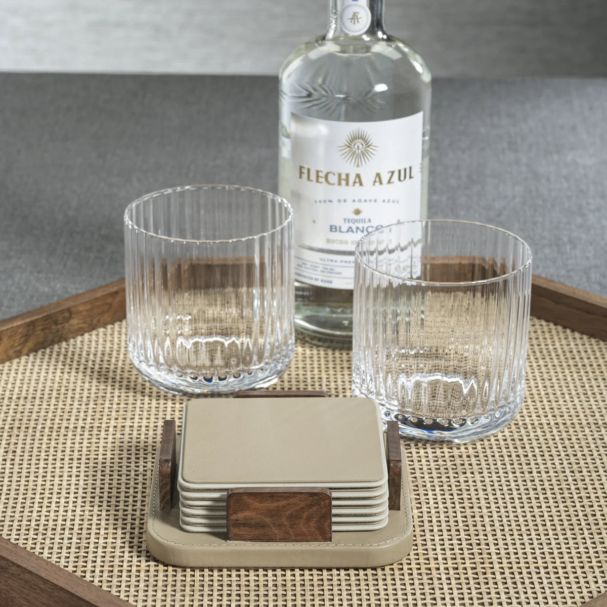 Leather & Veneer Coaster Set- Cappuccino