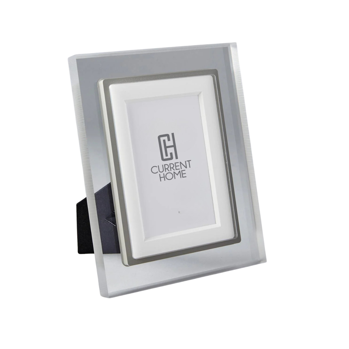 The Prisma Frame Lip - Grey by Bella Moulding is a clear acrylic photo frame with a silver inner border, designed to display photos at an angle. Crafted from archival materials, it beautifully preserves your memories.