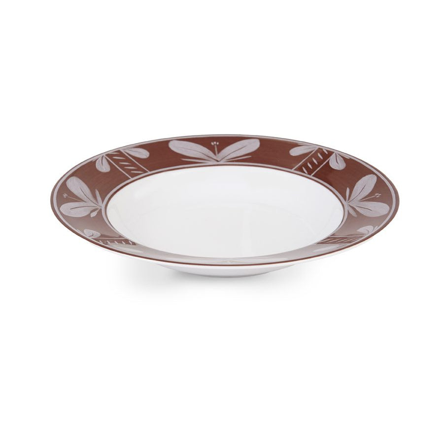 Wide, shallow Molecot Sevilla Dinnerware Brown soup bowl featuring a white center and a brown rim with a repeating cream-colored floral pattern.