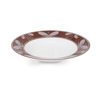 Wide, shallow Molecot Sevilla Dinnerware Brown soup bowl featuring a white center and a brown rim with a repeating cream-colored floral pattern.