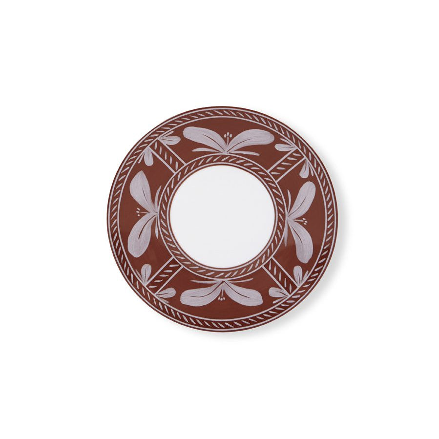 Molecot Sevilla Dinnerware Brown hand-painted Limoges porcelain dinner plate featuring a white center and a brown rim decorated with white floral motifs and rope-like patterns.