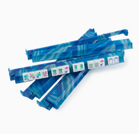 Five blue marbled plastic Mahjong racks from the Oh My Mahjong “Mahjong Rack & Pusher Set - Blue Lace Agate” collection, with one rack displaying an array of vibrant Mahjong tiles, are beautifully arranged on a white background—an ideal choice for enhancing any mahjong pusher set or as elegant acrylic mahjong rack replacements.