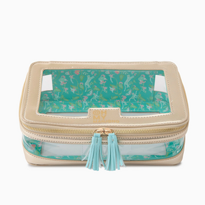 Introducing the Mahjong Tile Storage Bag by Oh My Mahjong—a beige cosmetic bag featuring a clear top and turquoise tassel zippers. This versatile accessory serves perfectly as both a chic organizer for daily essentials or as a stylish Mahjong storage bag. The interior is lined with a turquoise background adorned with whimsical mermaids and seaweed patterns, combining practicality with playful elegance.