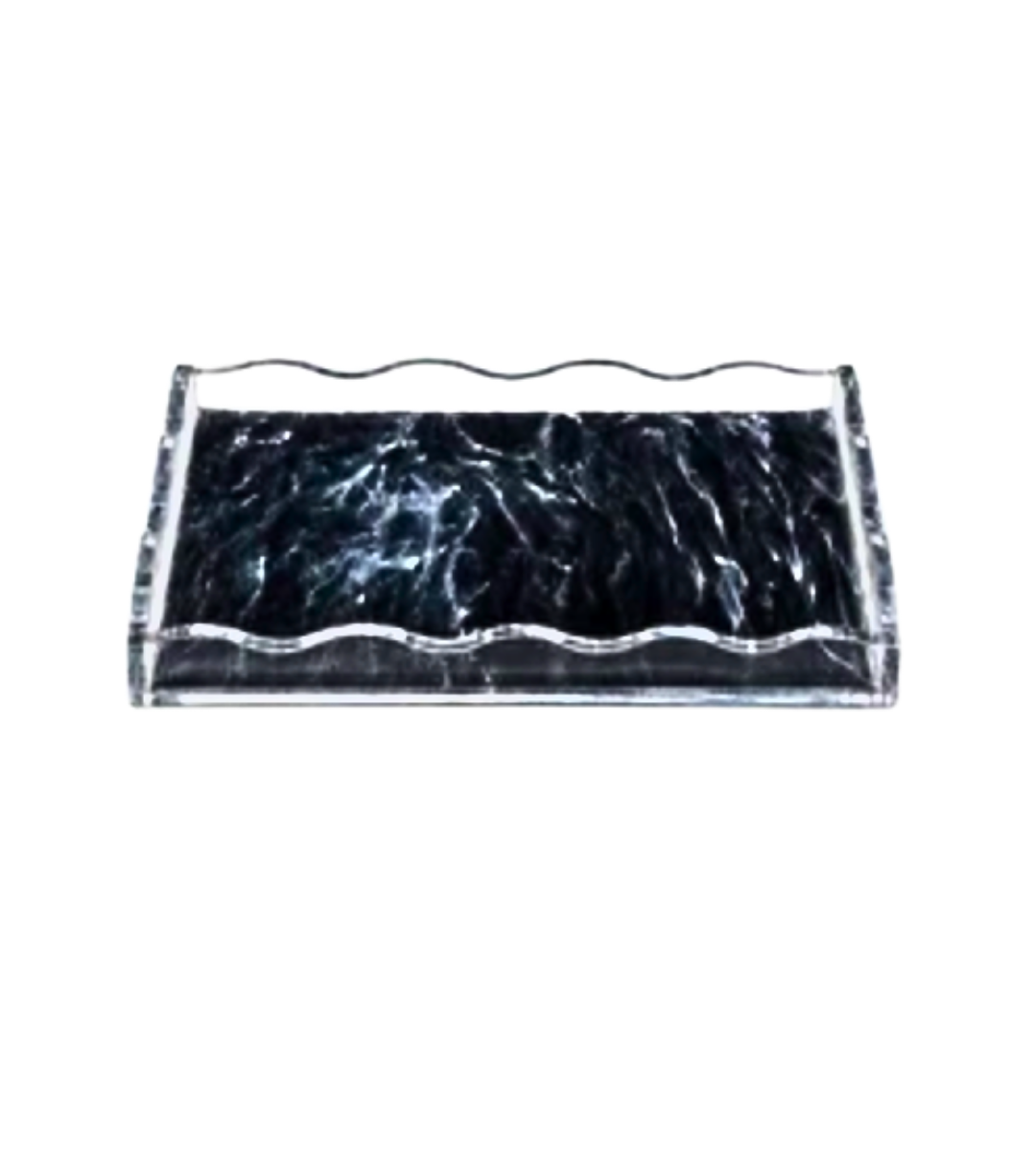 Tizo Wave Marbleized Rectangle Tray Black - Small 8 x 12 featuring a black marble pattern and clear, sculptural acrylic sides with a wavy edge.