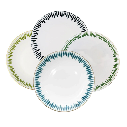 Set of four Marie Daâge Allee De Cypress 1 hand-painted Limoges porcelain plates features colored teardrop motifs—black, dark green, light green, and teal blue—highlighting the artistry of Marie Daâge.