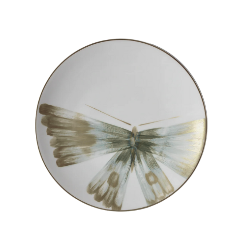 The Marie Daâge Belle De Nuit 1 plate features a round white Limoges porcelain design with delicate, abstract butterflies in muted gold, gray, and green—ideal for enhancing your luxury dinnerware collection.