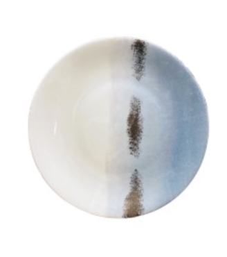 The Marie Daâge Maarie Daâge Horizon Platinum Dinnerware is a round, hand-painted ceramic plate with a white left side, light blue right side, and two uneven vertical brown streaks near the center.