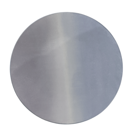 A flat, round Marie Daage Tie Dye Platinum Dinnerware plate by Marie Daâge with a smooth gray metallic finish, viewed from above on a white background.