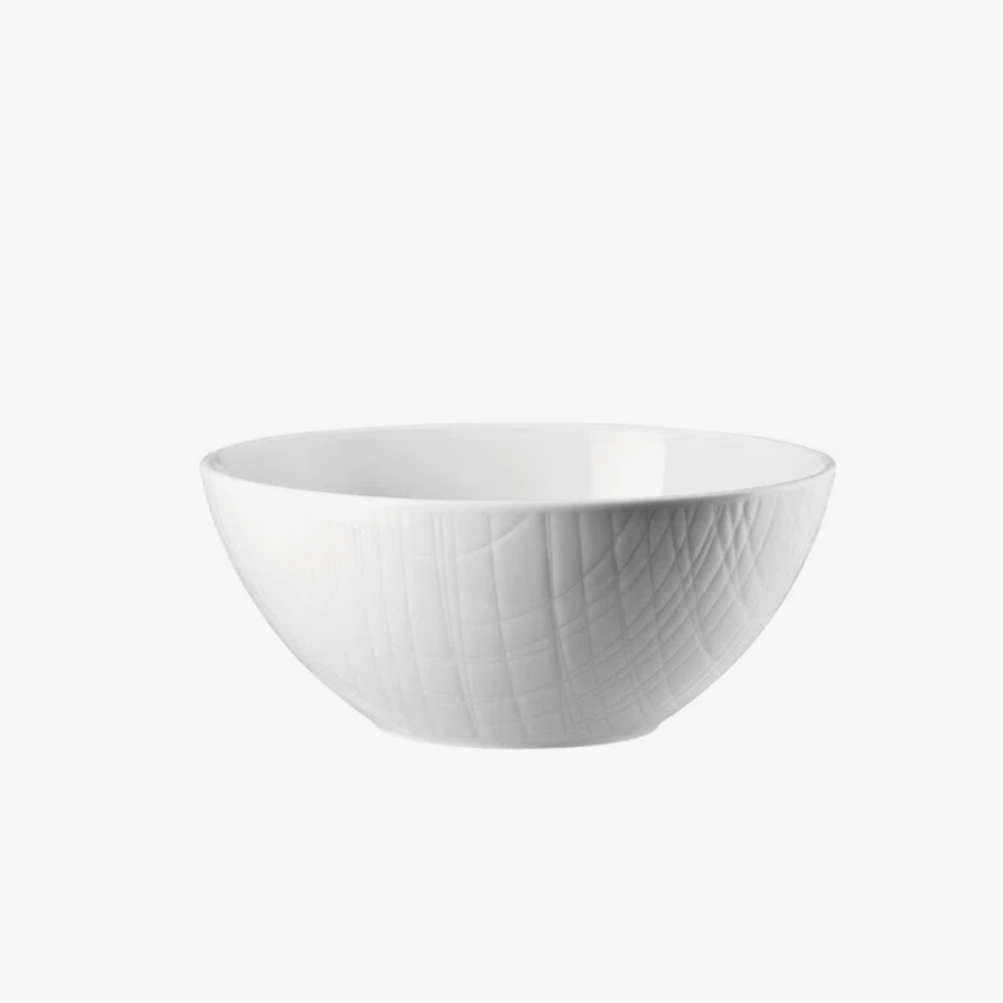 A Rosenthal Mesh Dinnerware White ceramic bowl, featuring a subtle textured exterior pattern and classic porcelain craftsmanship, displayed against a plain white background.