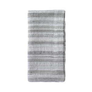 A set of 4 folded, rectangular napkins with light grey and white horizontal stripes from Bodrum's Midas collection, shown on a white background.