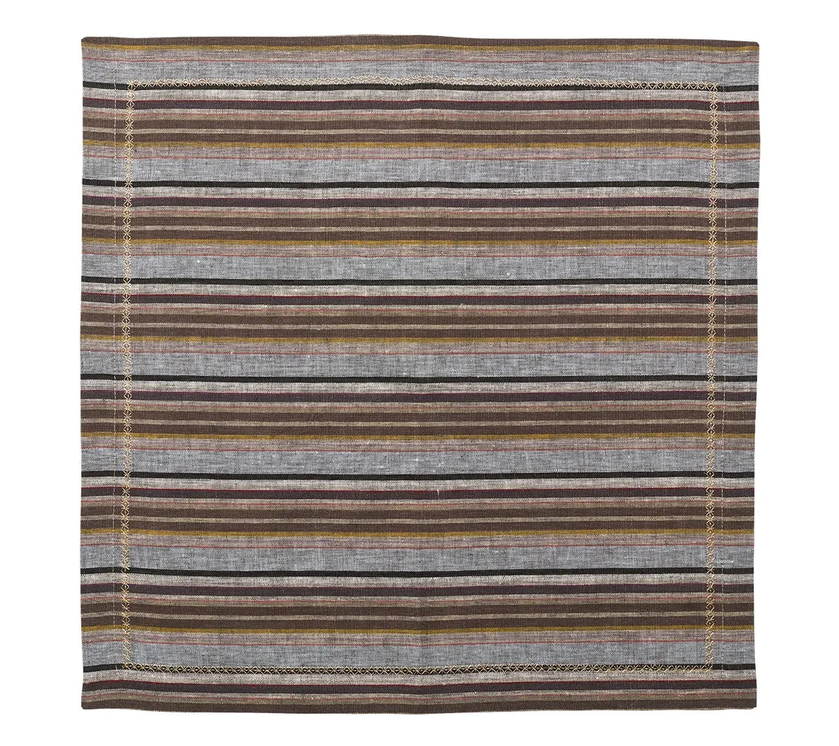 The Windsor Napkin Set of 4 - Multi by Kim Seybert features rectangular linen napkins adorned with horizontal stripes in shades of brown, gray, and yellow, complete with a stitched decorative border—these striped napkins boast neutral hues that seamlessly pair with contemporary napkin rings.