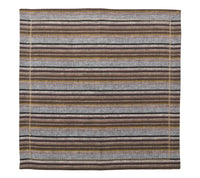 The Windsor Napkin Set of 4 - Multi by Kim Seybert features rectangular linen napkins adorned with horizontal stripes in shades of brown, gray, and yellow, complete with a stitched decorative border—these striped napkins boast neutral hues that seamlessly pair with contemporary napkin rings.