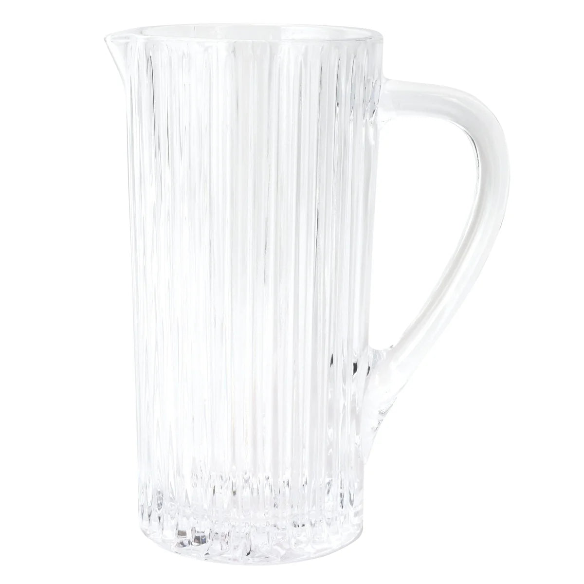 Vietri Natalia Pitcher in clear glass features vertical textured lines, a wide spout, and a large handle, shown against a white background.