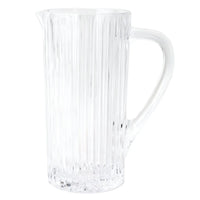 Vietri Natalia Pitcher in clear glass features vertical textured lines, a wide spout, and a large handle, shown against a white background.
