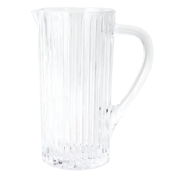 Vietri Natalia Pitcher in clear glass features vertical textured lines, a wide spout, and a large handle, shown against a white background.