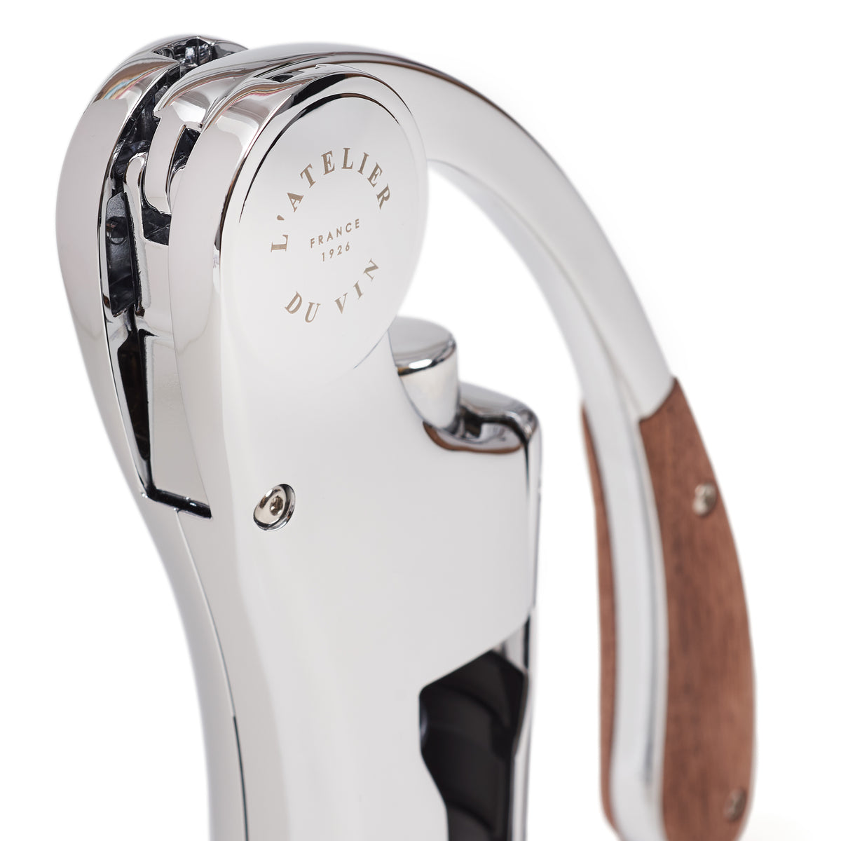 L’ Atelier du Vin Lever Wine Opener - Silver, a chrome-plated vertical lever corkscrew with wooden handle accents, presented in a luxury gift box.