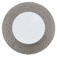 A white plate from the Bernardaud Ecume Platinum Dinnerware collection, featuring a wide, textured metallic rim adorned with a pattern of raised dots reminiscent of craters or bubbles—perfect for adding a touch of contemporary elegance to any table setting.