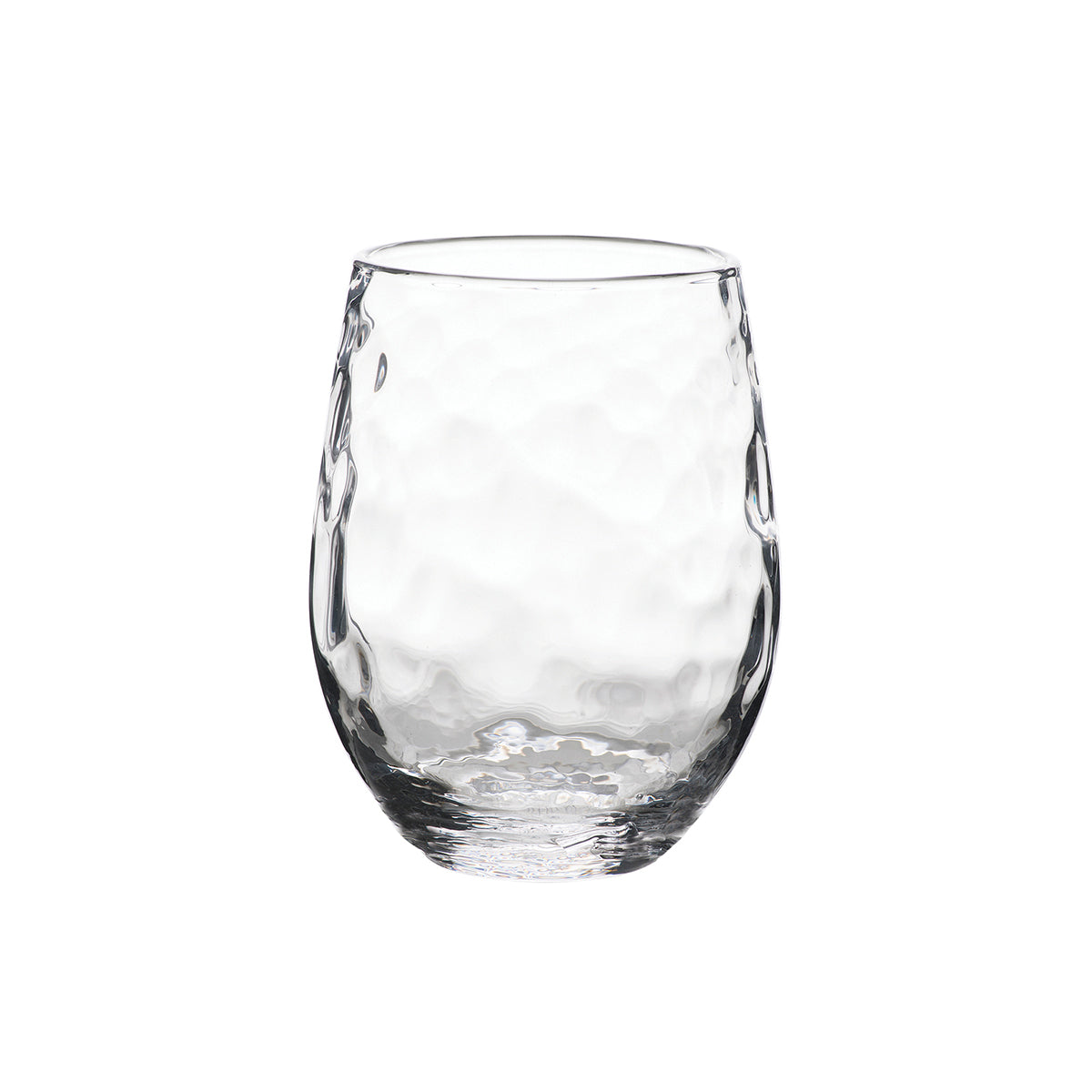 The Juliska Puro Glassware tumbler features a rounded shape and textured, dimpled surface. Shown empty against a white background, it is dishwasher safe for easy cleaning.