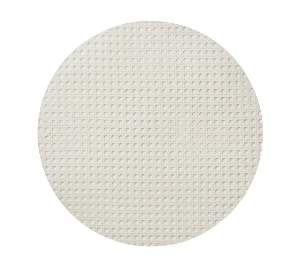 The Kim Seybert Reed Placemats Set of 4 in white features round, flat wafers with a grid-style woven cane pattern, photographed on a plain white background.