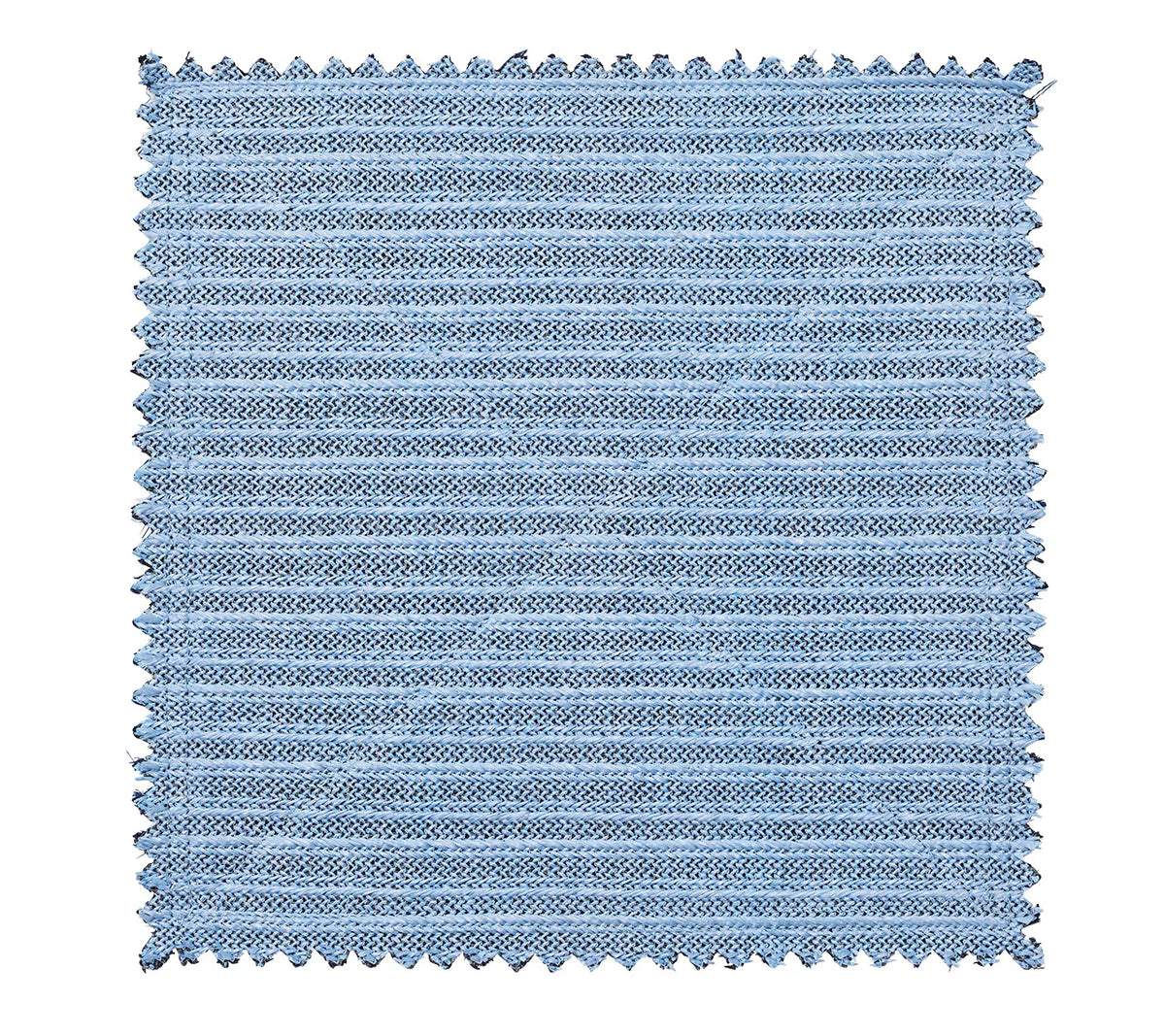 The Kim Seybert Vista Reversible Placemat set of 4 in Navy & Periwinkle features a rectangular, textured blue faux raffia design with horizontal ridges and zigzag-cut edges, shown on a white background.