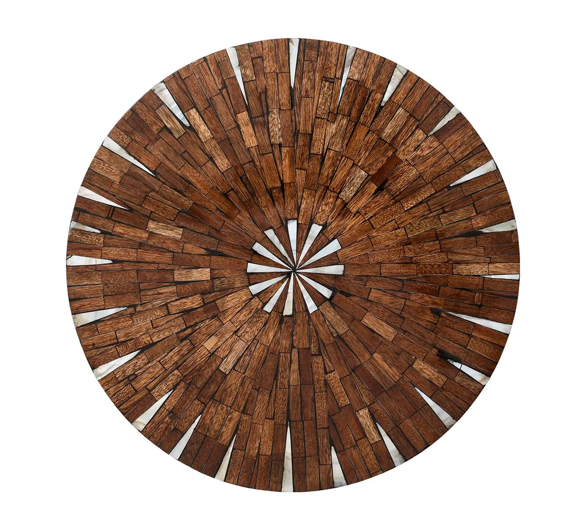 Drawing inspiration from artisanal modern design, the Kim Seybert Halo Placemat Set of 4 in Brown and White features round wooden segments arranged radially with contrasting lighter sections, creating a striking sunburst pattern reminiscent of a star-like motif at the center.