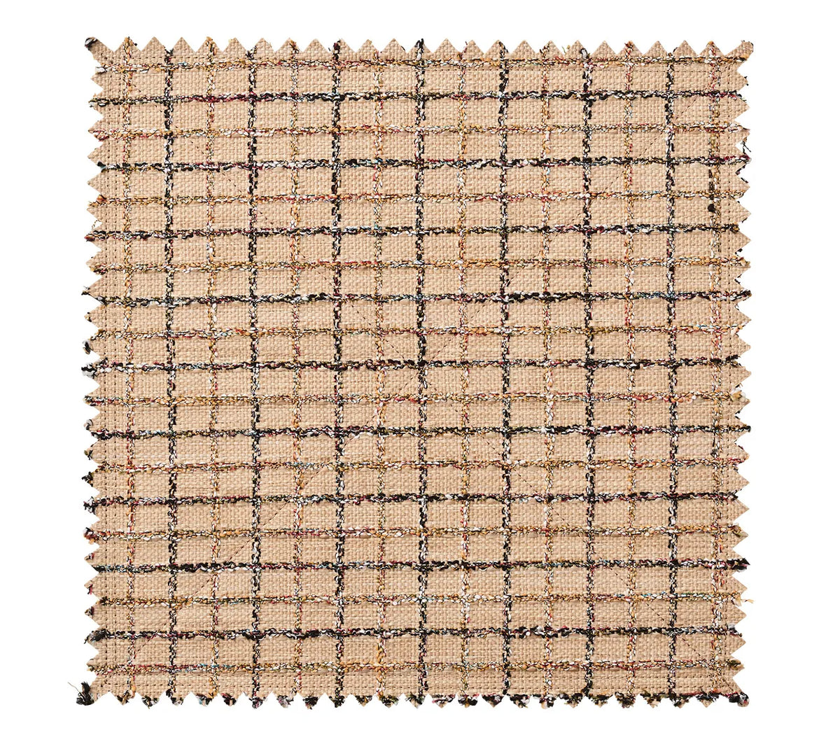 A square Kim Seybert Boucle Reversible Placemat - Brown / Multi swatch with pinked edges, featuring a tan grid pattern with dark textured lines.
