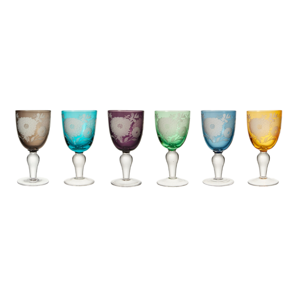 The Polspotten Peony Wine Glass Set of 6 - Multi features coloured bowls in brown, blue, purple, green, light blue, and yellow, each adorned with an intricate etched floral pattern for elegant style.