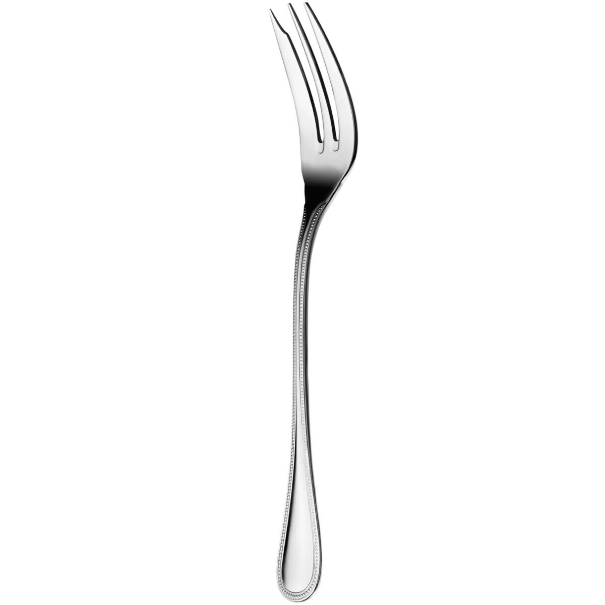 A Perles - Stainless Steel fork by Christofle, crafted in shiny silver with three prongs and an elegant decorative border inspired by the Perles collection, is displayed vertically against a plain white background.