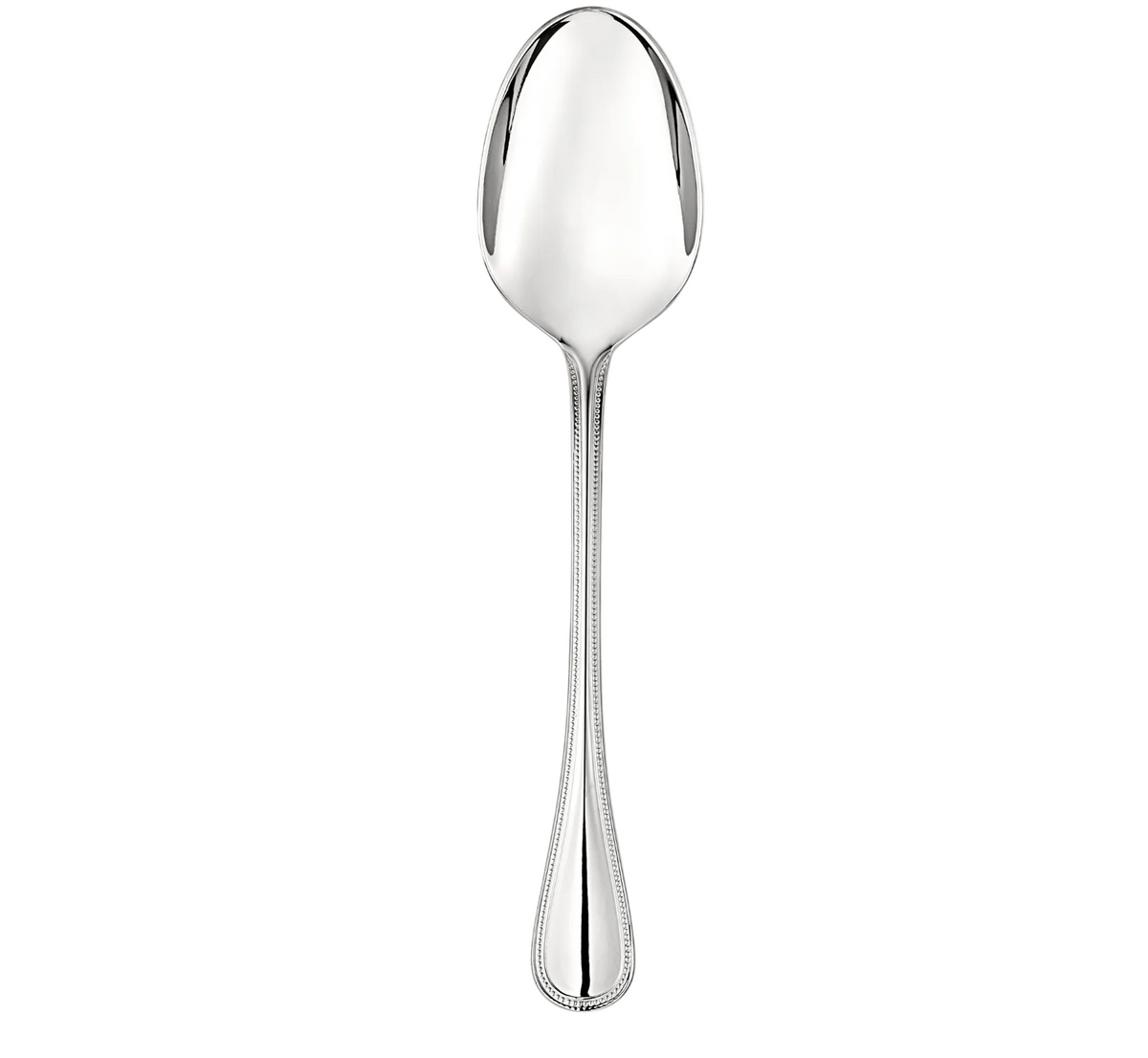 A gleaming Christofle Perles stainless steel spoon featuring an ornate handle is shown vertically against a plain white background.