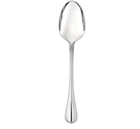 A gleaming Christofle Perles stainless steel spoon featuring an ornate handle is shown vertically against a plain white background.