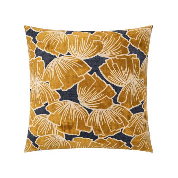 The Gweneth Pillow Cinnamon by D.V. KAP / Canaan Company features bold golden ochre and white abstract leaves on a dark blue background, adding a stylish, modern botanical touch to your space.