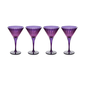 The Prism Martini Set of 4 by L'Objet features purple fluted glasses, beautifully arranged on a white background, perfect for adding bold color to your glassware collection.
