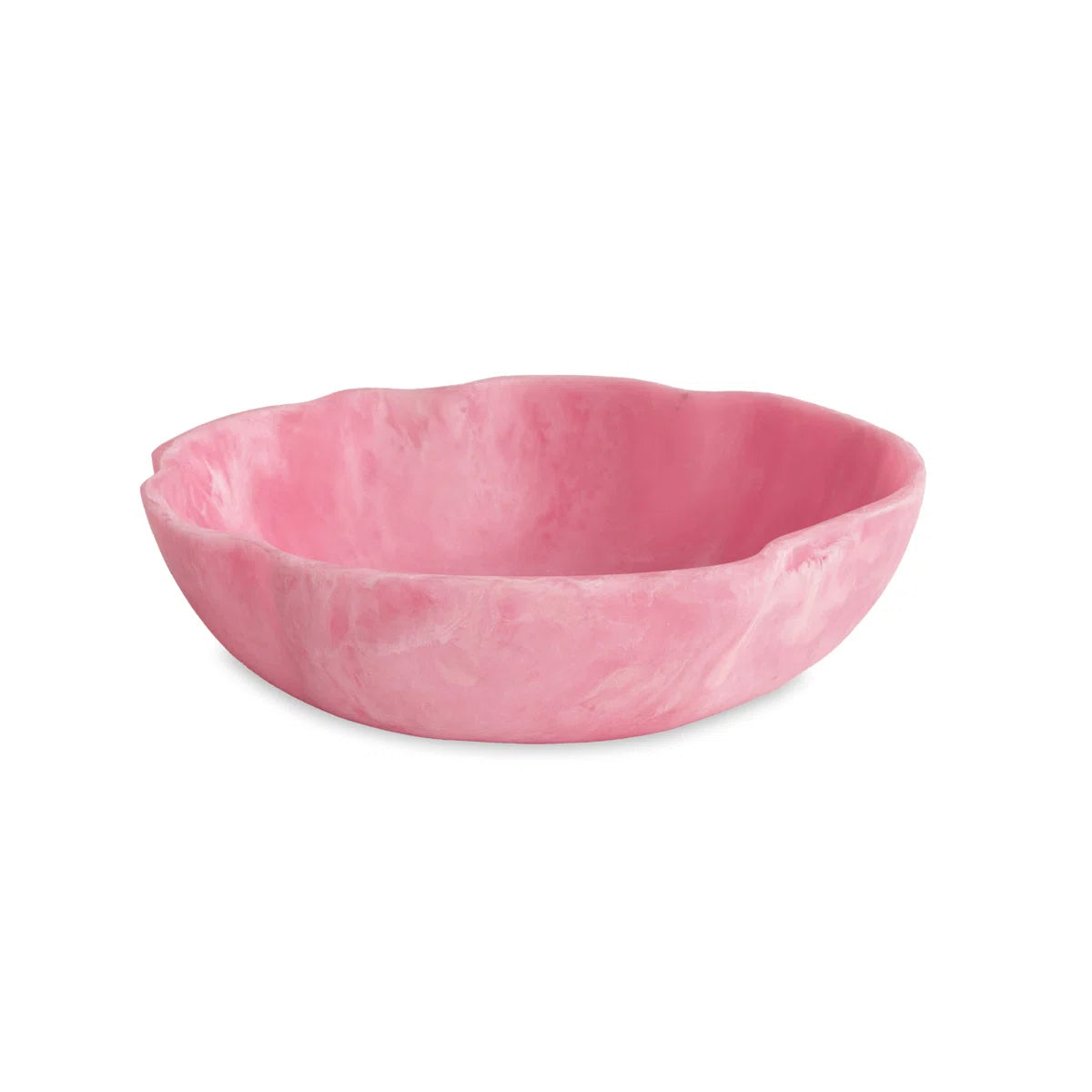 The Beatriz Ball Resin Sorbet Wavy Bowl Raspberry - 14" is a shallow, round bowl with uneven edges, crafted from pink marbled, shatter-resistant food-safe resin and shown on a white background.