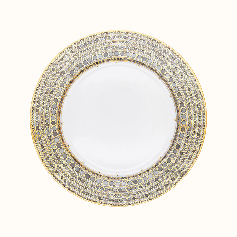 Haviland & Parlon Syracuse Dinnerware- Taupe dinner plate, featuring a wide border of repeating taupe and gold circles with a gold rim.