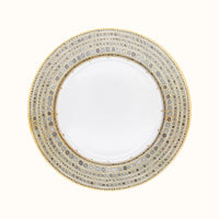 Haviland & Parlon Syracuse Dinnerware- Taupe dinner plate, featuring a wide border of repeating taupe and gold circles with a gold rim.