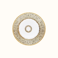 Haviland & Parlon Syracuse Dinnerware- Taupe dinner plate in white porcelain with a central grey ring, a wide border of alternating grey and gold circular patterns, and a thin gold rim.