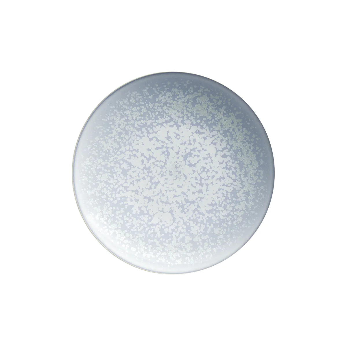 The Song Ocean Dinnerware by Jaune De Chrome is a round, white Limoges porcelain plate featuring a delicate speckled pattern in pale blue and gray. Shown from above against a plain white background, this elegant enamel tableware is both dishwasher and microwave safe, seamlessly combining timeless style with everyday practicality.