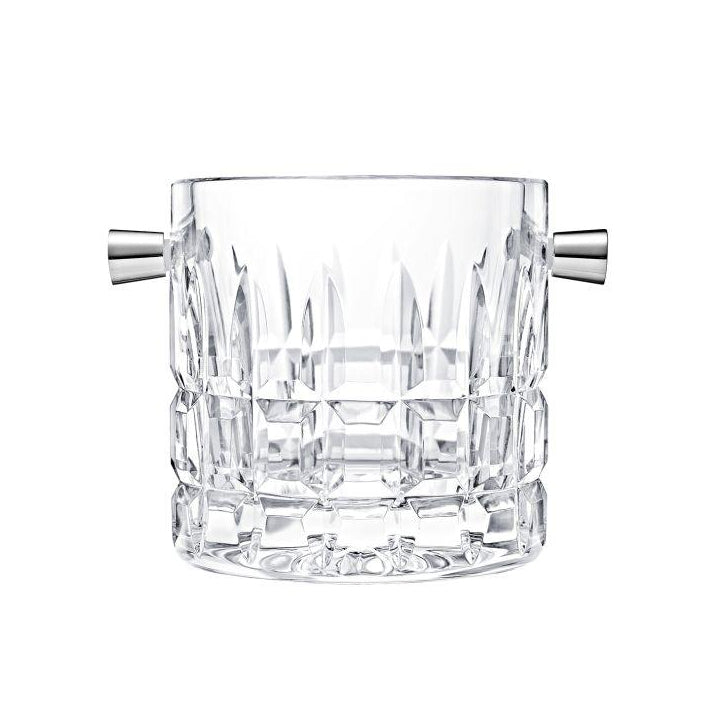 The Manhattan Ice Bucket by Saint-Louis/Hermes features clear, faceted crystal and two sleek silver handles, making it a stunning bar accessory that elevates any mixology setup.