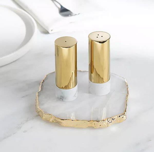 Dual Salt & Pepper Shakers Marble & Gold Set of 2