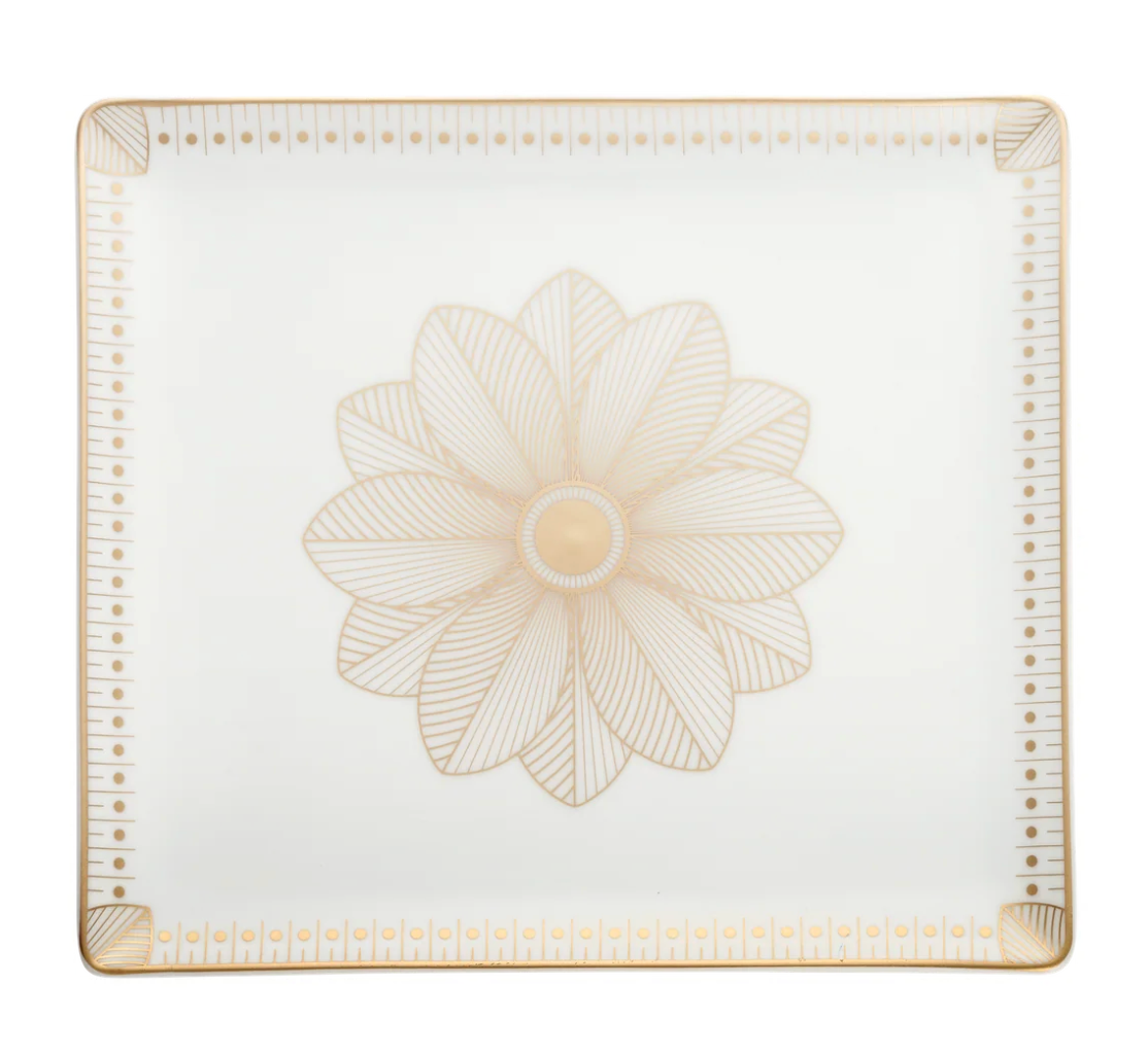 The Christofle Malmaison Imperiale Porcelain Catchall Tray (9 x 8, Gold) features a square white design with a central gold geometric flower and gold-bordered edges, part of the elegant Malmaison Impériale collection.