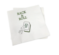 The Print Appeal Cocktail Napkin Pack - RACK & ROLL features white napkins with green text, dice, and a Mahjong tile graphic—perfect for adding fun to your next game night.