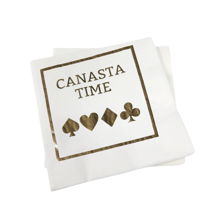 The Print Appeal Cocktail Napkin Pack - CANASTA TIME features white napkins with "CANASTA TIME" and four black card suits in a square border—ideal game-themed decor for your next party.